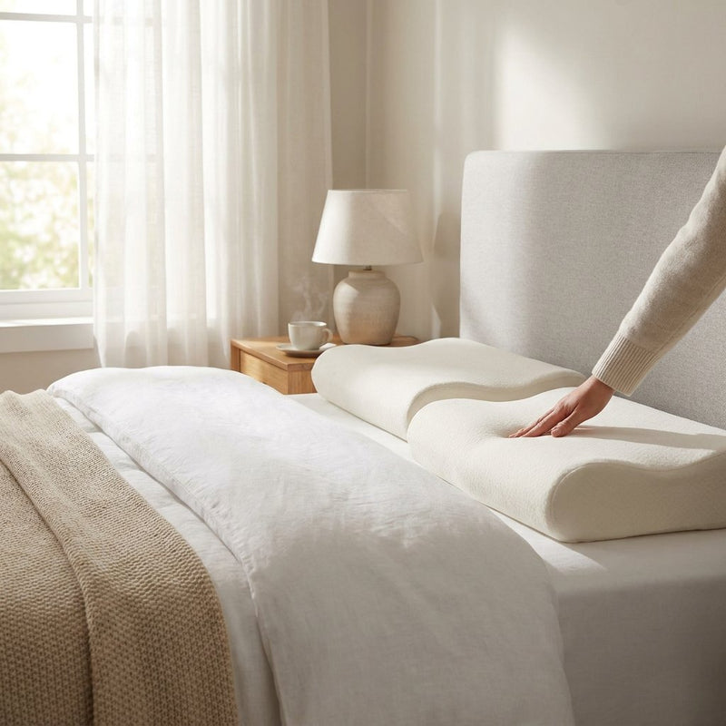 Net opgemaakt bed in een lichte moderne slaapkamer met twee traagschuim kussens, waarbij één kussen licht is ingedrukt om vorm en ondersteuning te tonen.