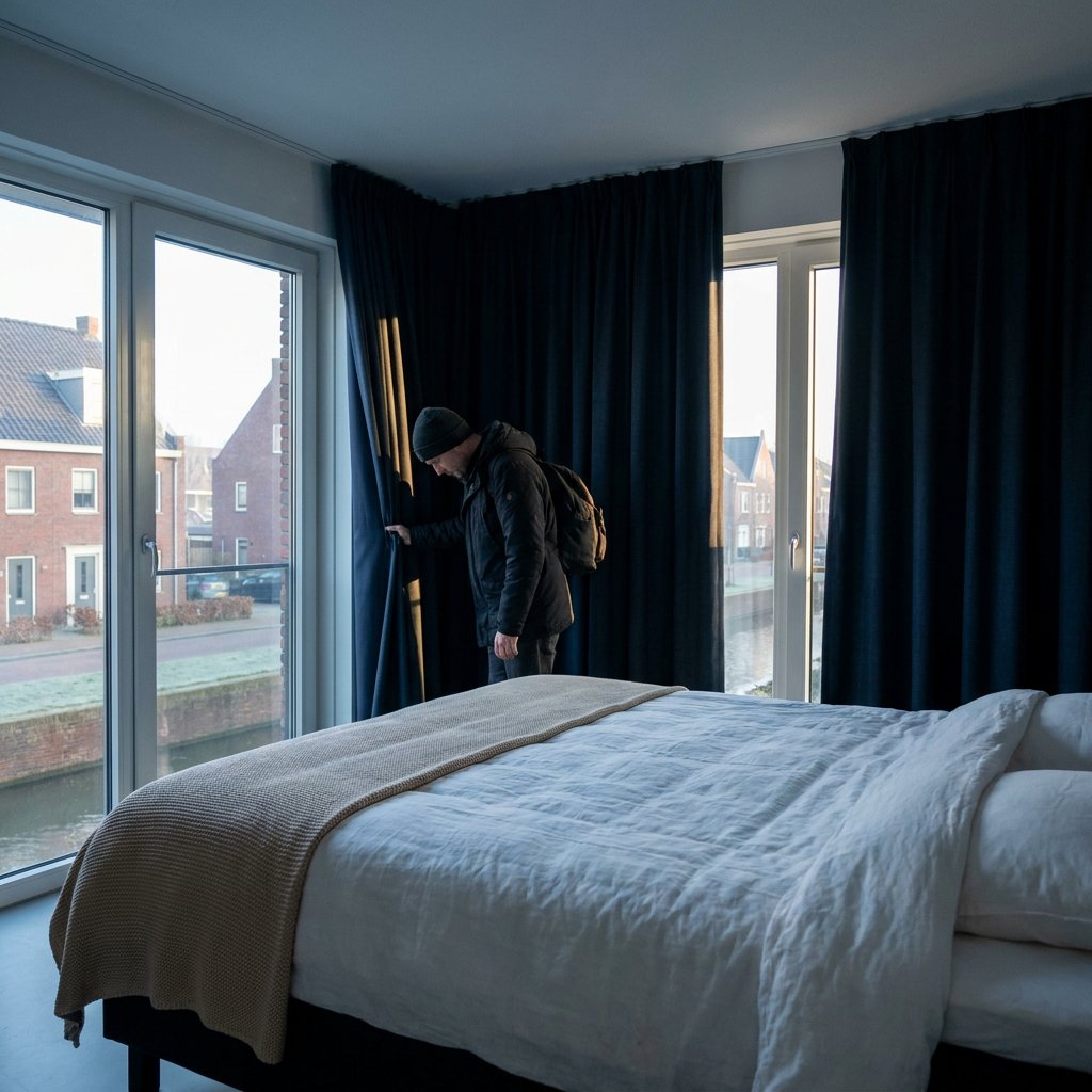 Vermoeide nachtdienstwerker trekt verduisterende gordijnen dicht in een rustige, moderne slaapkamer, klaar om overdag te slapen.