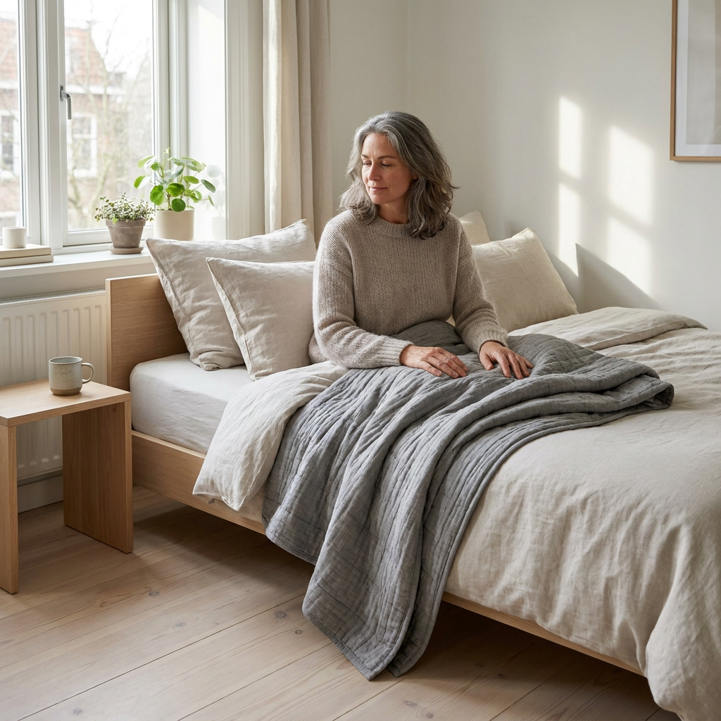 Volwassene zit op bed met een verzwaringsdeken half over de benen, in een lichte Nederlandse slaapkamer, terwijl rustig op comfort en veiligheid wordt gelet.