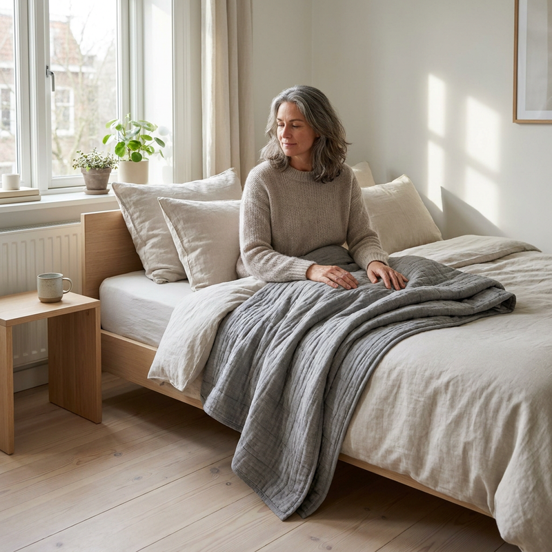 Volwassene zit op bed met een verzwaringsdeken half over de benen, in een lichte Nederlandse slaapkamer, terwijl rustig op comfort en veiligheid wordt gelet.