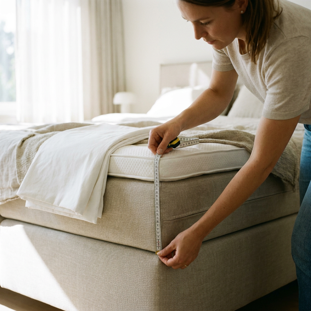 Net opgemaakt bed met boxspring en topper terwijl een vrouw de matrashoogte meet met een meetlint in een lichte, moderne slaapkamer.