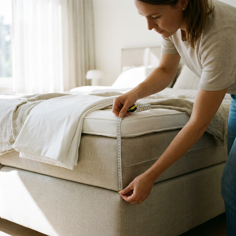 Net opgemaakt bed met boxspring en topper terwijl een vrouw de matrashoogte meet met een meetlint in een lichte, moderne slaapkamer.