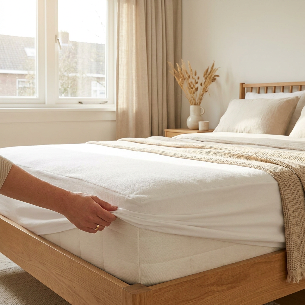 Net opgemaakt bed met witte molton matrasbeschermer deels zichtbaar in een lichte moderne slaapkamer, vastgelegd in zacht daglicht.