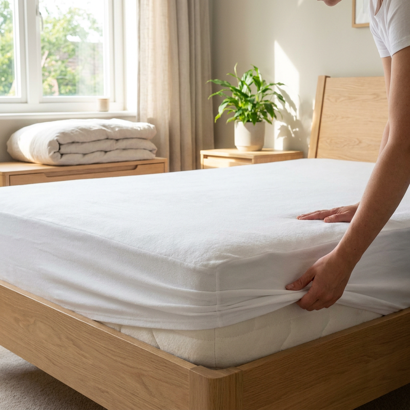 Net opgemaakt bed met wit waterdicht molton hoeslaken in een lichte moderne slaapkamer, zacht daglicht en een schone, verzorgde sfeer.