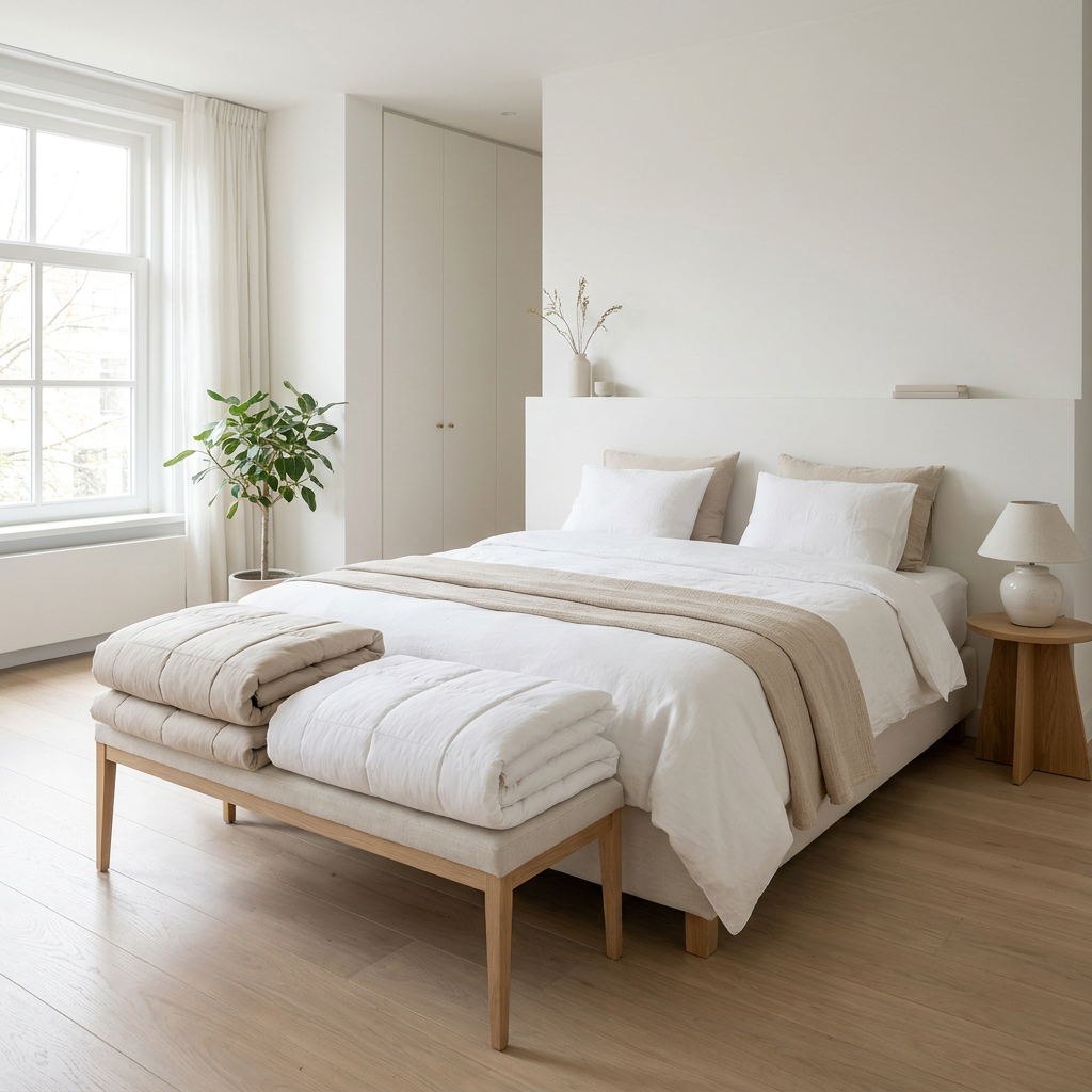 Neutrale moderne slaapkamer met opgemaakt tweepersoonsbed, gevouwen dekbedden in twee breedtes en een rustige, lichte styling.