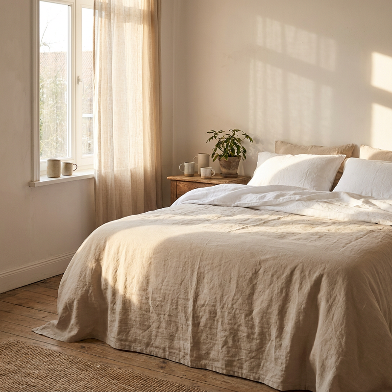 Luchtige slaapkamer met een opgemaakt bed in zacht linnen hoeslaken, natuurlijke kreukels, neutrale tinten en warm ochtendlicht door het raam.