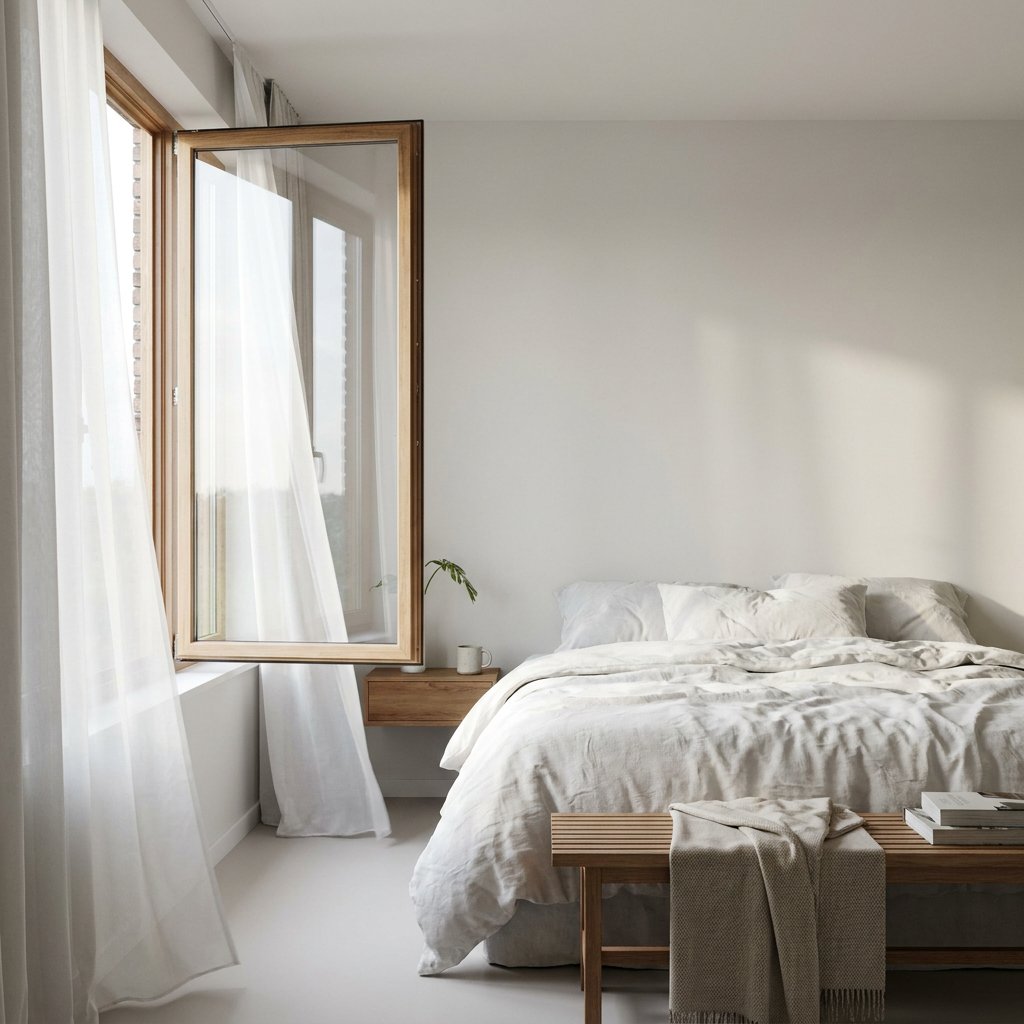 Open raam in een moderne, lichte slaapkamer met wit beddengoed en luchtige gordijnen, terwijl frisse ochtendlucht binnenvalt.