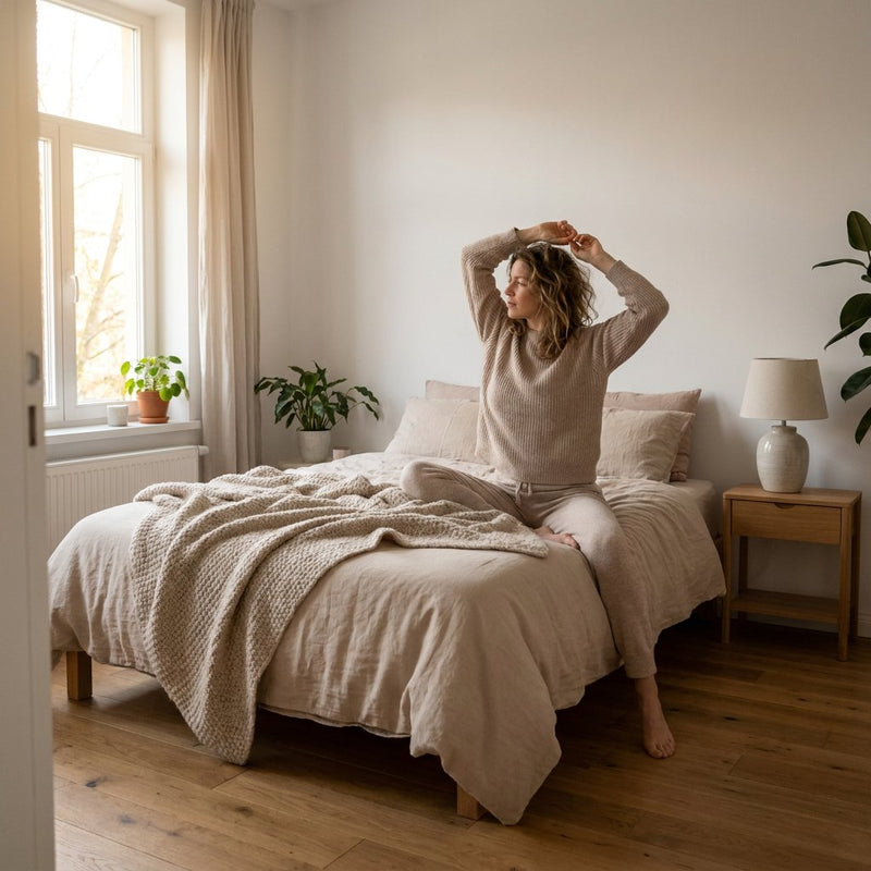 Vrouw zit vroeg in de ochtend op de rand van haar bed bij een groot raam, badend in zacht daglicht in een rustige, moderne slaapkamer.