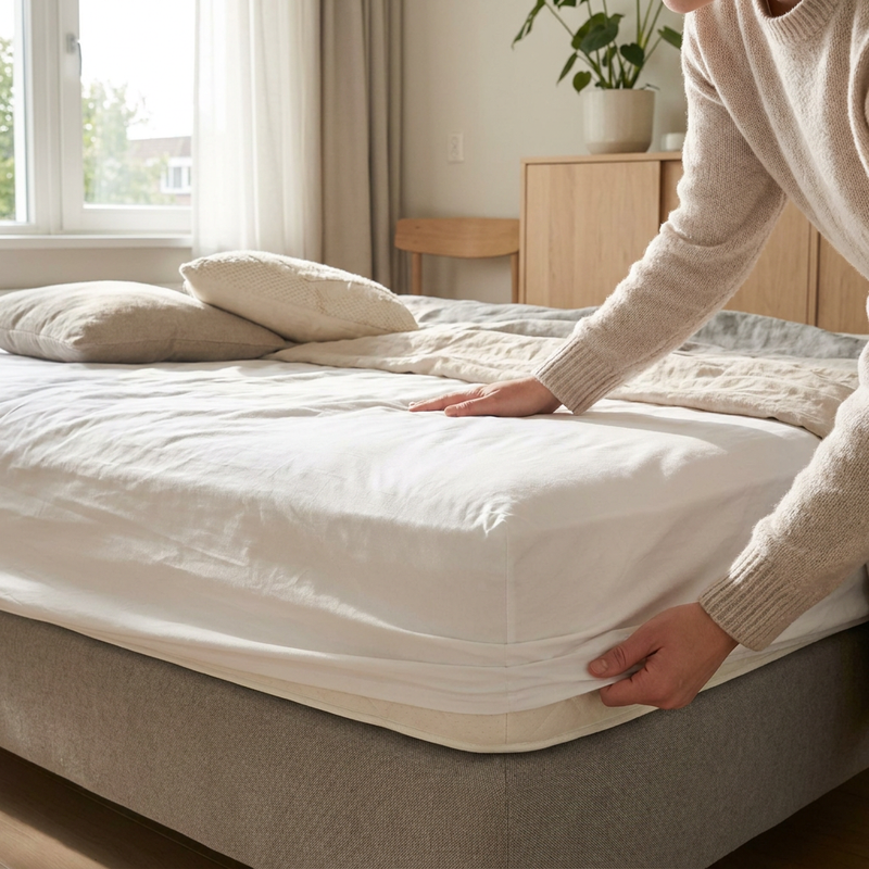 Net opgemaakt bed met strak wit hoeslaken in een lichte moderne slaapkamer, terwijl een hand de pasvorm bij de matrasrand controleert.