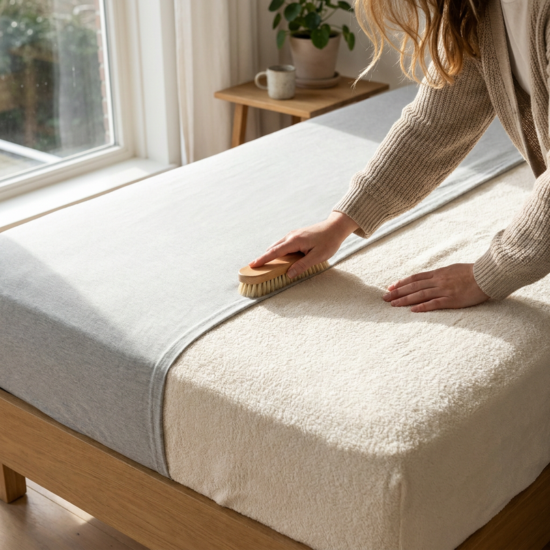 Neatly made bed in a bright Dutch bedroom with two fitted sheet textures side by side, showing the visual difference between jersey and badstof fabric.