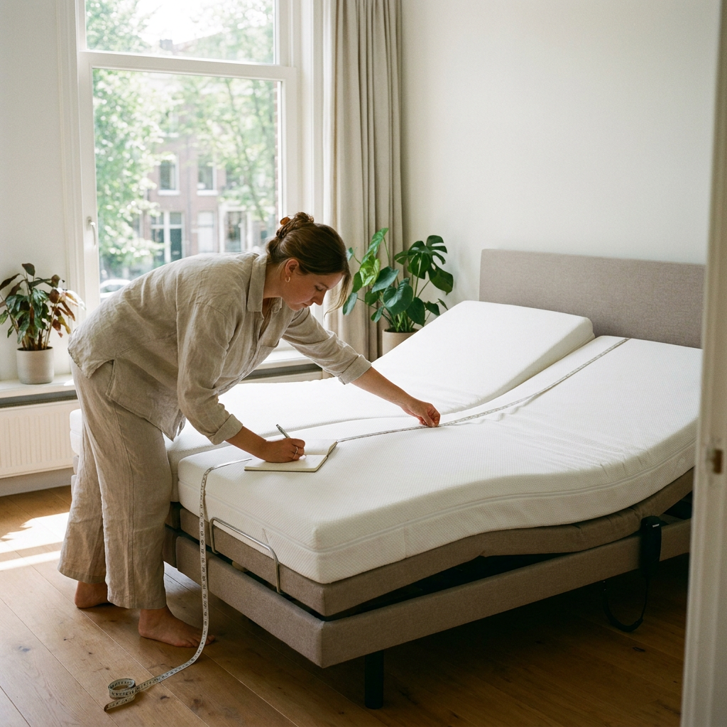 Persoon meet een splittopper op een verstelbaar bed met meetlint bij de split, in een lichte moderne slaapkamer met neutrale tinten.