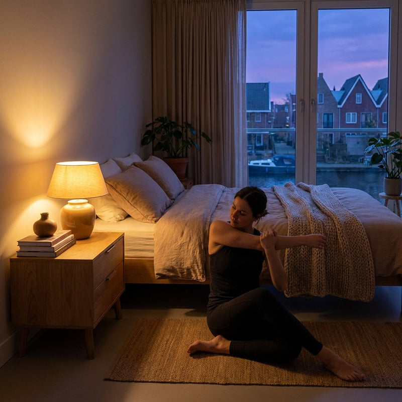 Persoon in sportkleding doet rustige rekoefeningen naast een opgemaakt bed in een lichte slaapkamer, met zachte avondgloed en ontspannen sfeer.