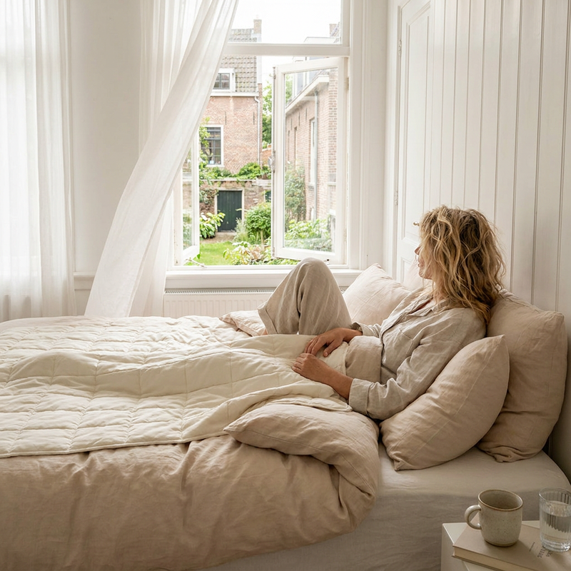 Luchtige zomerslaapkamer met open raam en een vrouw die ontspannen onder een lichte verzwaringsdeken ligt in zacht ochtendlicht.