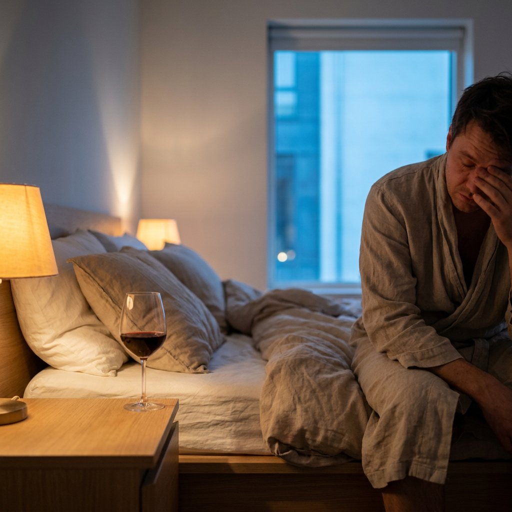 Persoon zit rechtop in bed in een rustige moderne slaapkamer, met een glas wijn op het nachtkastje en vermoeide blik in zacht nachtlicht.