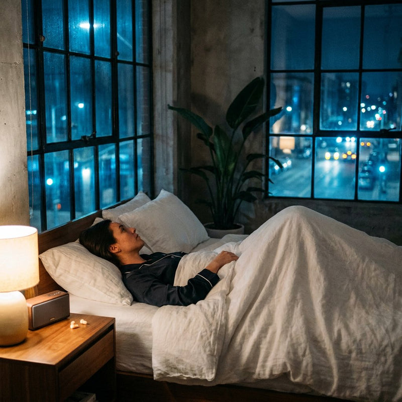 Persoon ligt wakker in een nette Europese slaapkamer terwijl zacht straatlicht door het raam valt en oordoppen op het nachtkastje liggen.