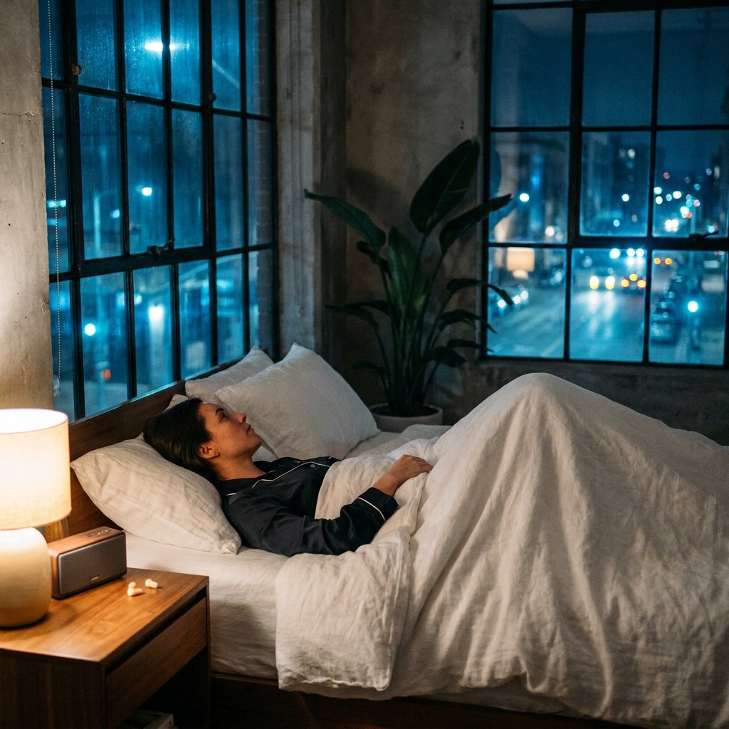 Persoon ligt wakker in een nette Europese slaapkamer terwijl zacht straatlicht door het raam valt en oordoppen op het nachtkastje liggen.