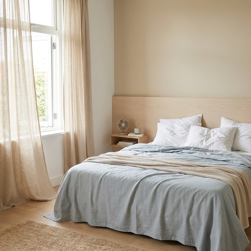 Licht en luchtig bed met strak verkoelend hoeslaken in een moderne slaapkamer, zacht ochtendlicht en een ontspannen zomerse sfeer.