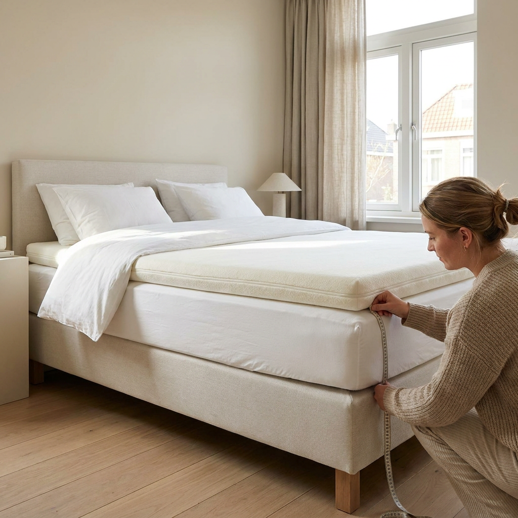 Neutrale slaapkamer met een boxspring en topper terwijl iemand met een meetlint de hoekhoogte van een strak wit hoeslaken opmeet.
