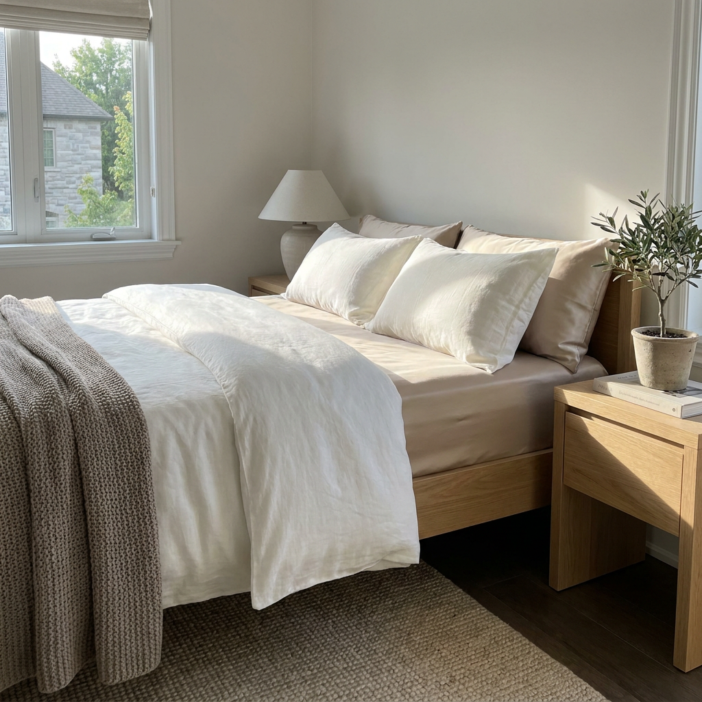 Een strak opgemaakt bed met een glanzend satijnen hoeslaken in een lichte moderne slaapkamer, zacht daglicht benadrukt de gladde stof.