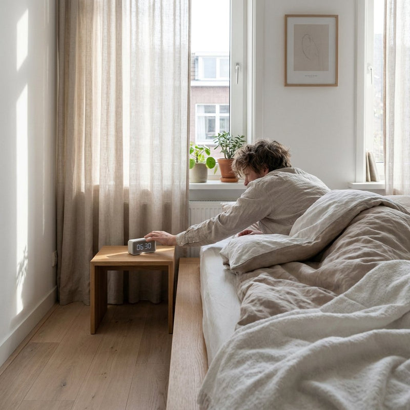 Persoon ligt slaperig in een lichte moderne slaapkamer en reikt naar een wekker op het nachtkastje, met zacht ochtendlicht en rumpled beddengoed.