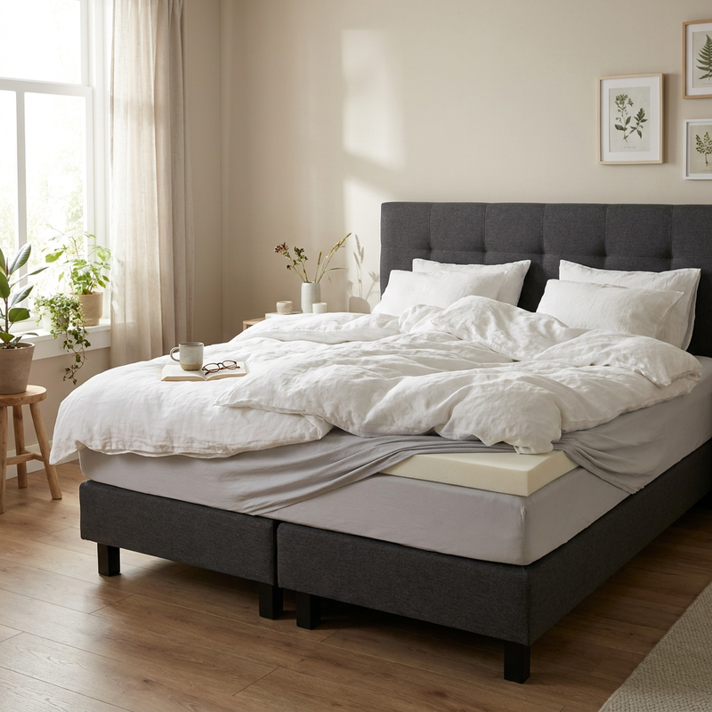 Net opgemaakt bed met een losgeschoten hoeslaken op een boxspring, in een lichte moderne slaapkamer met zachte neutrale tinten.