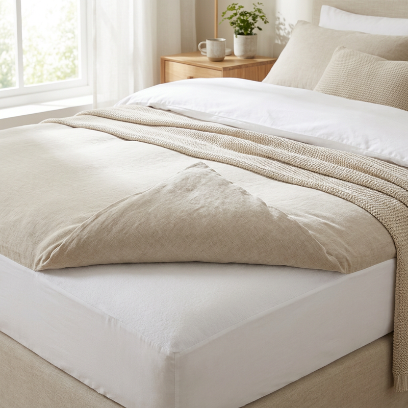 Bright modern bedroom with a neatly made bed, lifted topper corner showing a white molton layer beneath a soft fitted topper sheet.