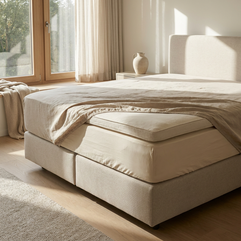 Net opgemaakt boxspringbed met topper, waarbij twee hoeslakens naast elkaar het verschil in pasvorm en hoekhoogte duidelijk laten zien.