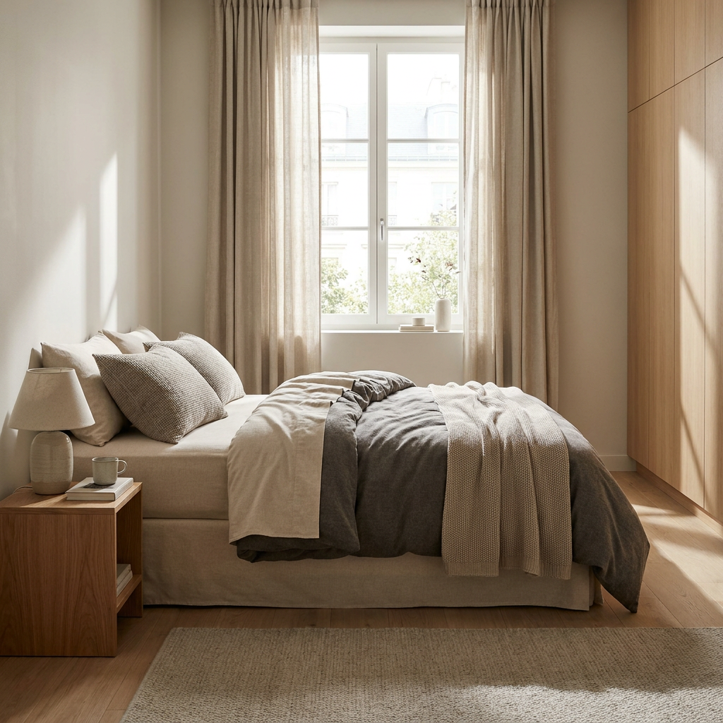 Net opgemaakt bed met zacht flanellen hoeslaken in een lichte, rustige slaapkamer, warm winterlicht door het raam en een uitnodigende sfeer.