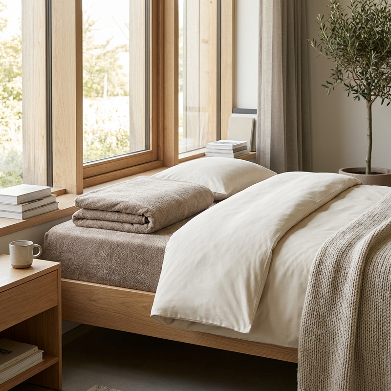 Neatly made bed with a soft badstof hoeslaken beside crisp cotton bedding in a bright Dutch-style bedroom, showing seasonal comfort choices.