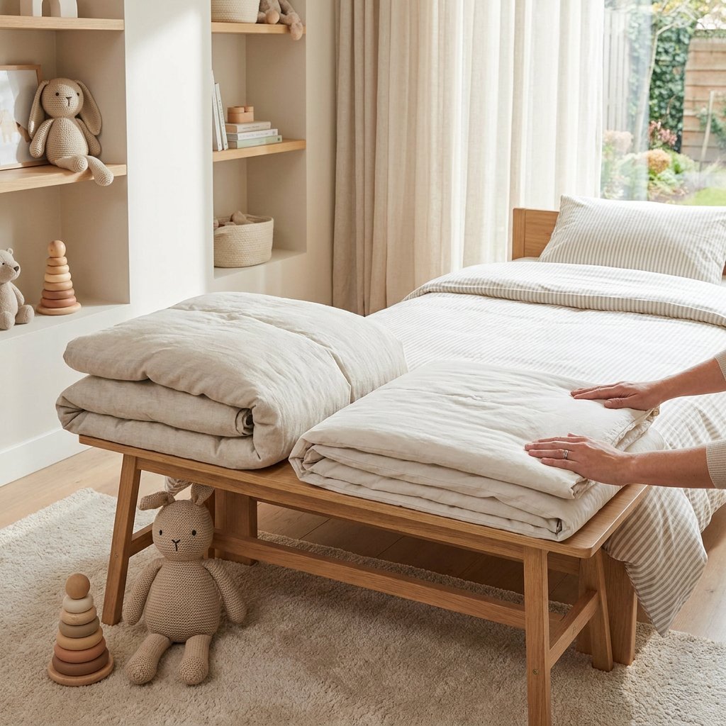Opgeruimde kinderkamer met een bed waarop twee lichte dekbedopties liggen, warm daglicht door het raam en een ouder die materialen vergelijkt.