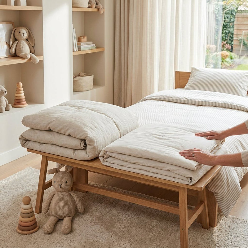 Opgeruimde kinderkamer met een bed waarop twee lichte dekbedopties liggen, warm daglicht door het raam en een ouder die materialen vergelijkt.