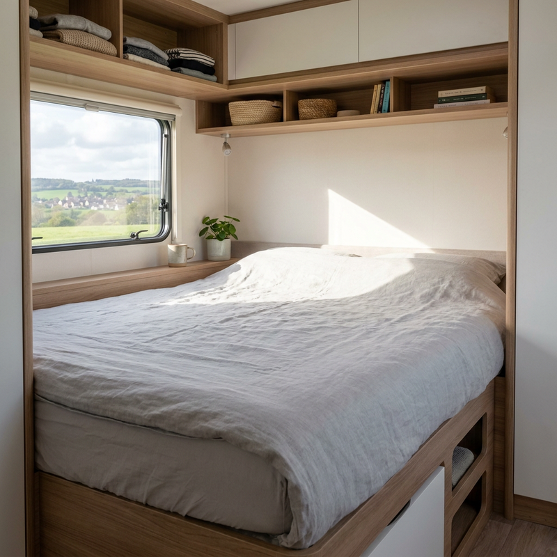 Licht caravaninterieur met netjes opgemaakt bed, compact dekbed en zachte ochtendzon, passend bij praktisch en comfortabel slapen onderweg.