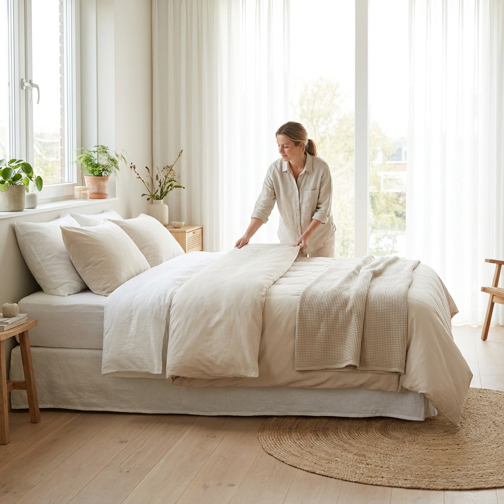Opgemaakt bed in lichte moderne slaapkamer met een wasbaar dekbed met vaste hoes, zacht geplooid in daglicht voor een frisse en praktische sfeer.