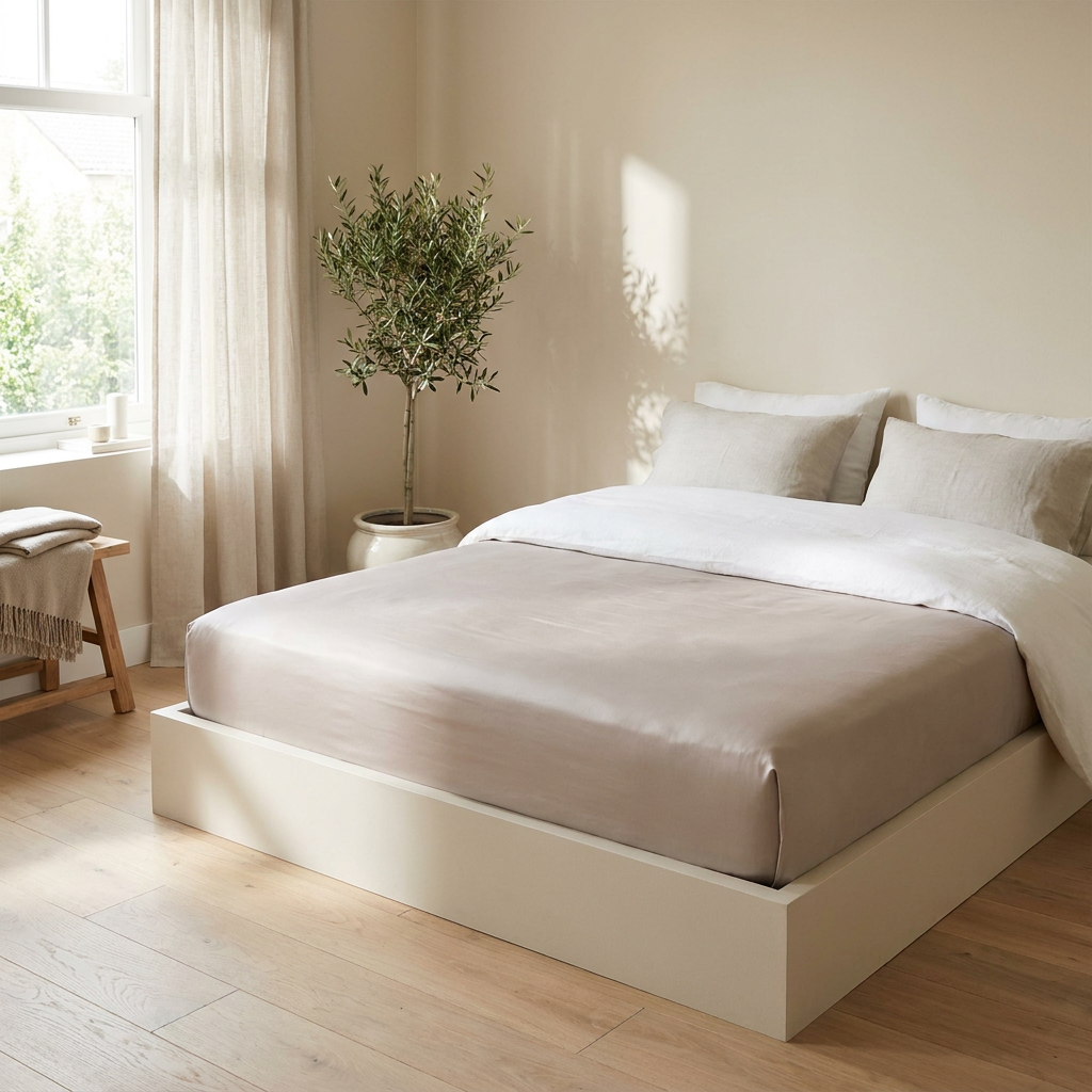 Strak opgemaakt bed met glad Tencel hoeslaken in een lichte moderne slaapkamer, zacht daglicht en een frisse, koele uitstraling.