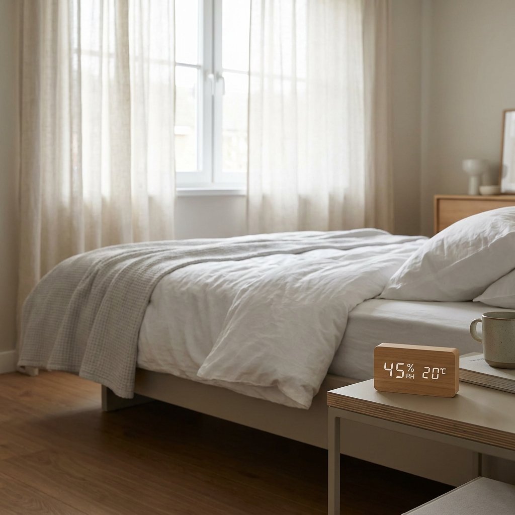 Rustige moderne slaapkamer met opgemaakt bed en digitale hygrometer op het nachtkastje die de luchtvochtigheid meet in zacht ochtendlicht.