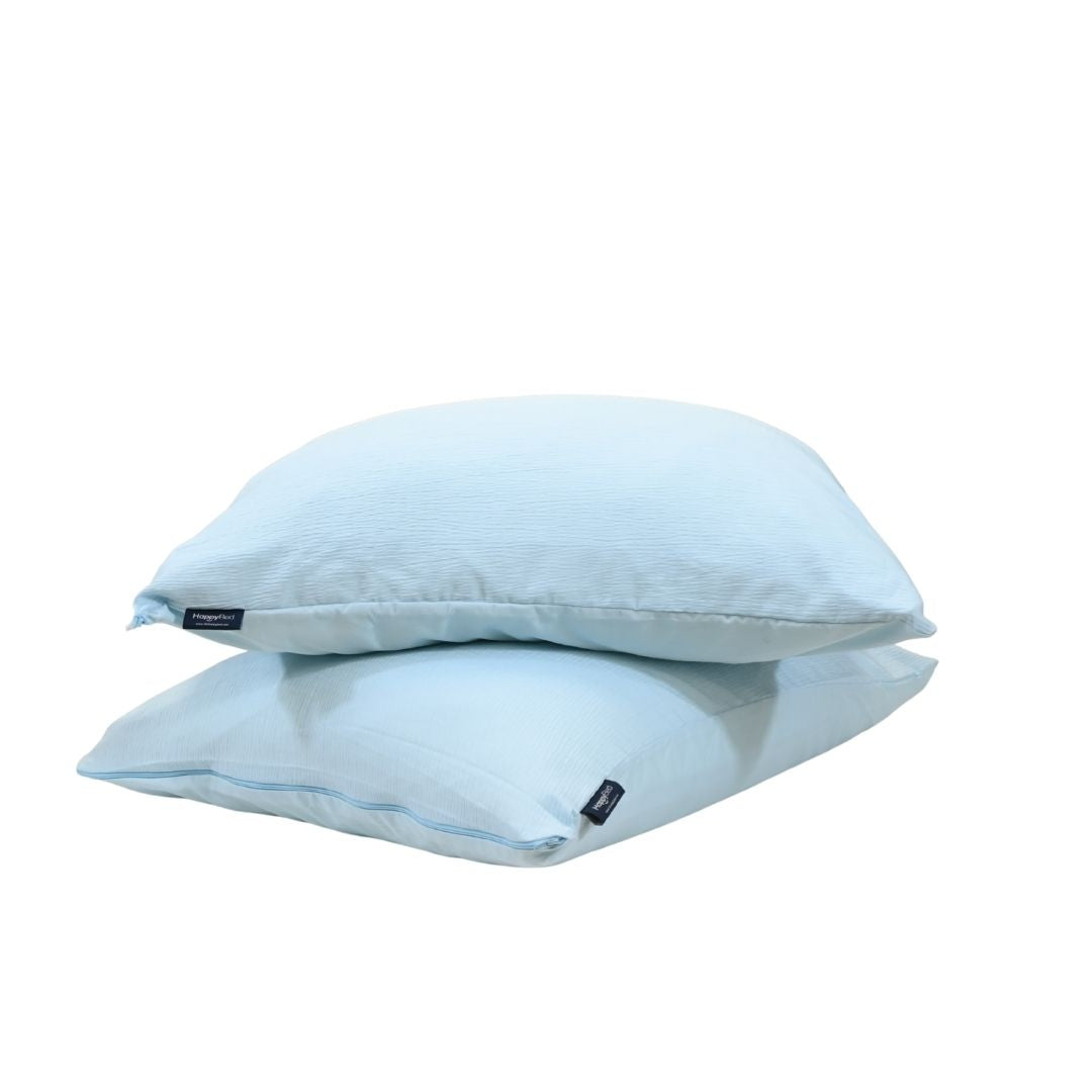 HappyBed Mousseline light blue pillowcase set of 2 with soft, breathable microfiber fabric and hotel-style closure for secure fit and comfort.