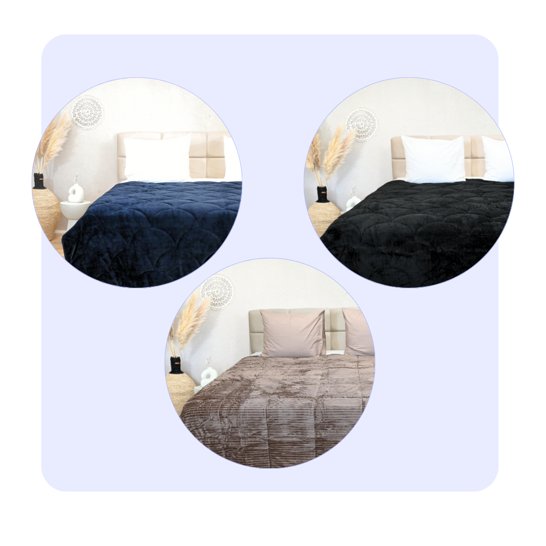 HappyBed Bestseller Bundle set of 3 dual-sided duvets in brown rib, black teddy, and vulcan velvet textures for year-round comfort.