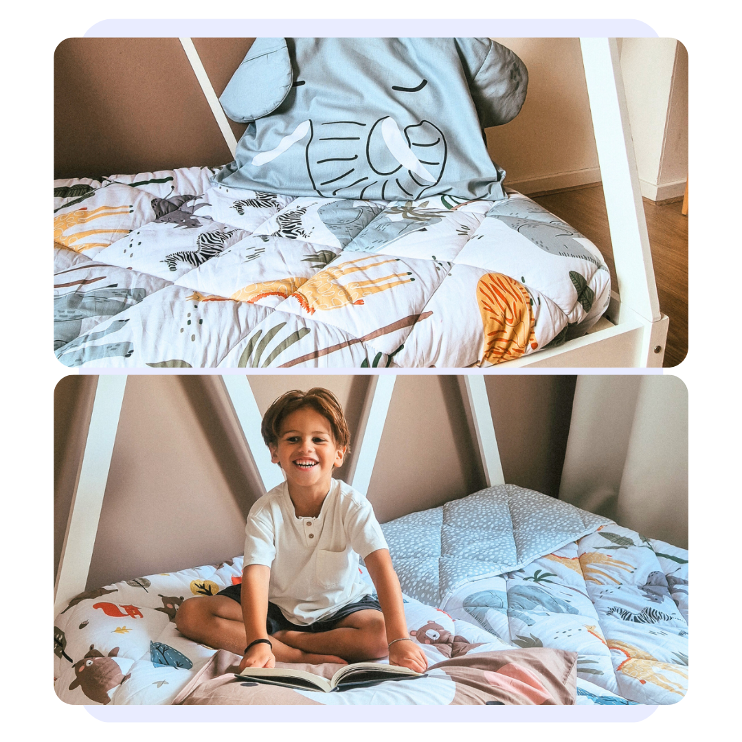 HappyBed Kinderdekbedden Bundel with Bobby Bear and Eddy Elephant 100% cotton kids' duvets and matching pillowcases featuring playful animal designs.