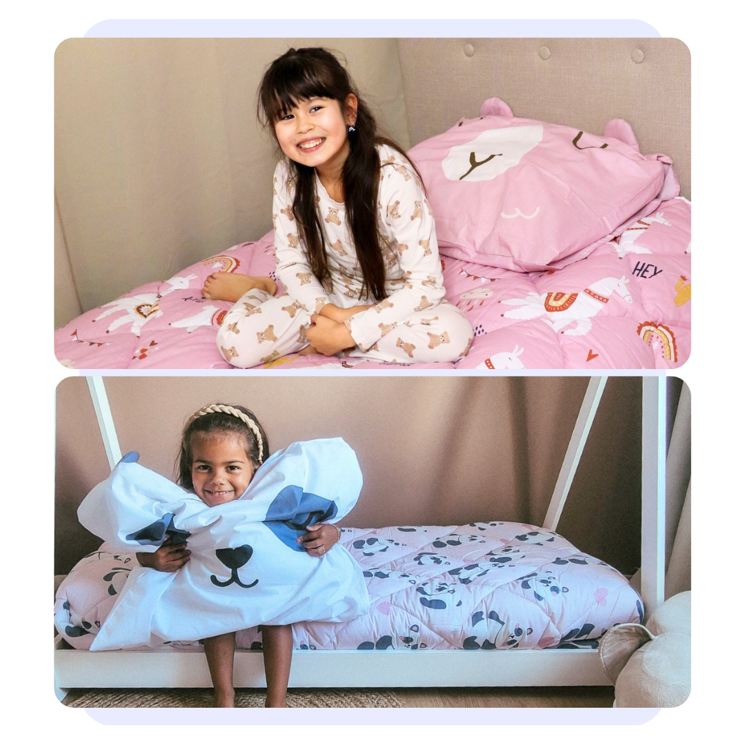 HappyBed Kinderdekbedden Bundel with pink Lizzy Lama and blue Peter Panda kids' duvet covers and matching pillowcases shown with smiling children in cozy bedrooms