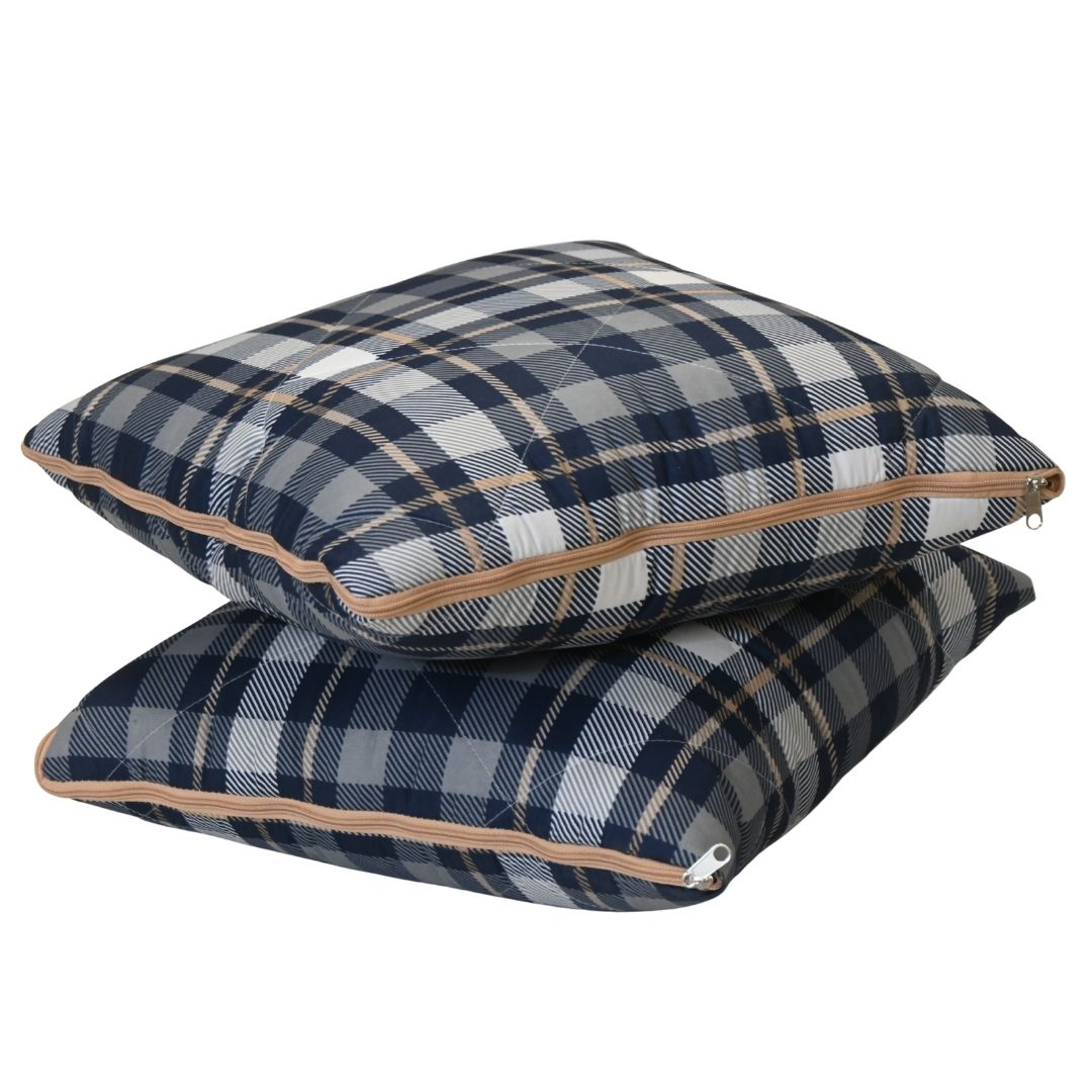 HappyBed 2-in-1 grey tartan pillow and quilt convertible with hidden zipper design for travel comfort