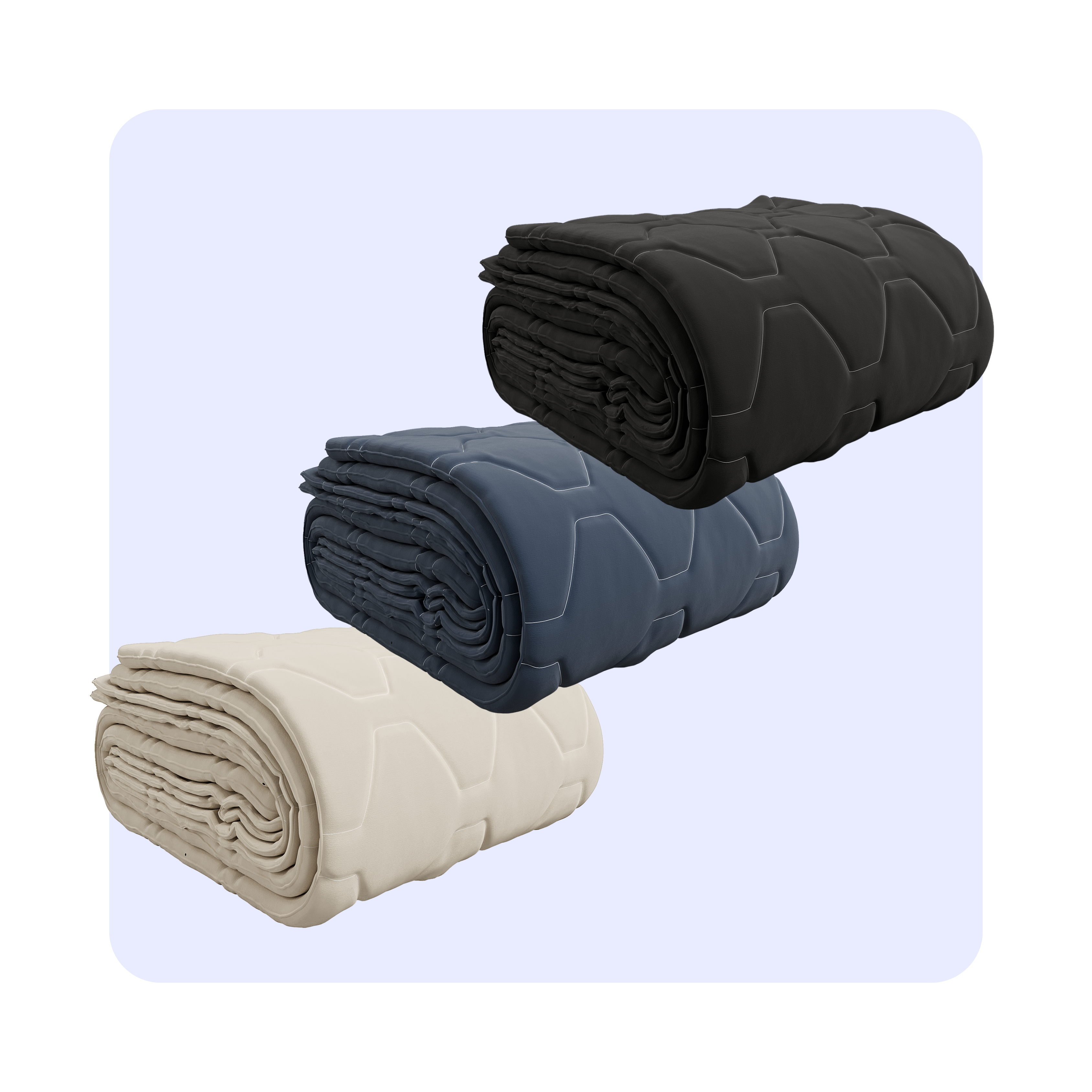 HappyBed 4-Seizoenen Bundle with three adjustable seasonal duvets in black, taupe, and dark blue colors for year-round comfort