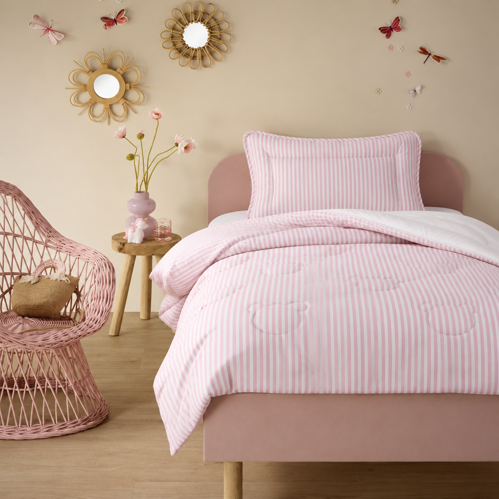 Waschbare Kids All Season Bettdecke | Pink Stripes | Inklusive Kissen