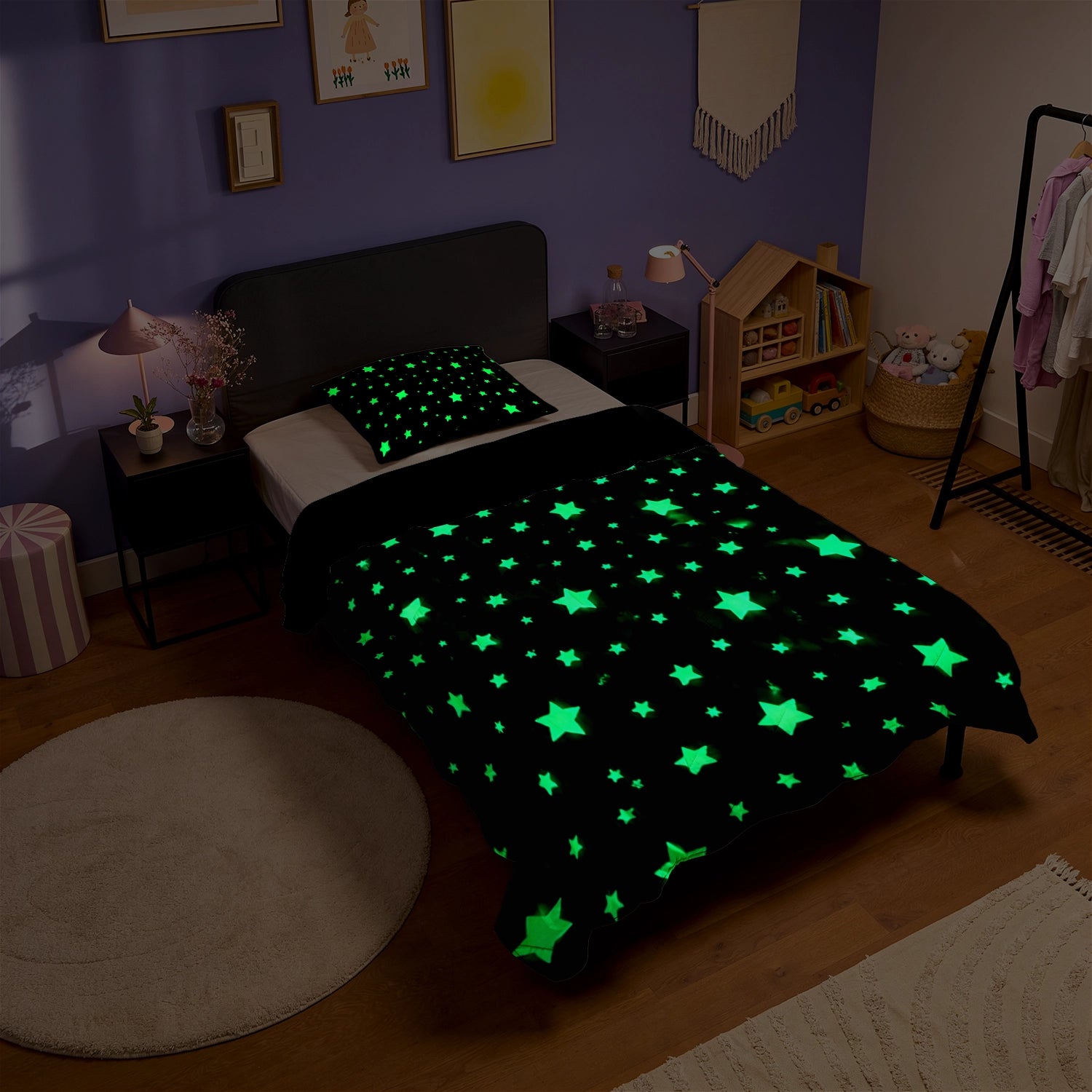 HappyBed Kinderbettwäsche | Leuchtet im Dunkeln | Sterne + Kissenbezug