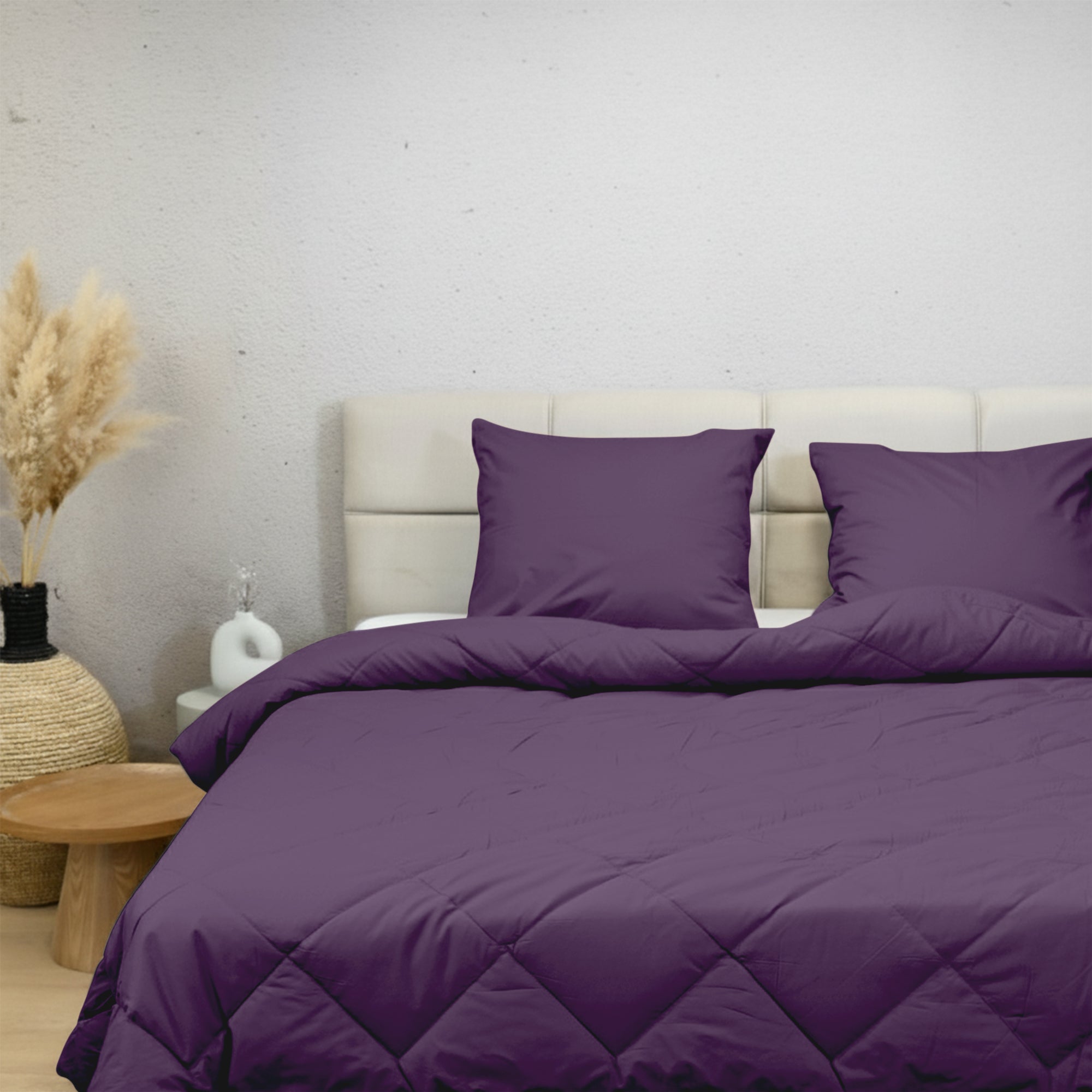 HappyBed Premium Wineberry percal cotton all-season duvet on bed with matching pillows