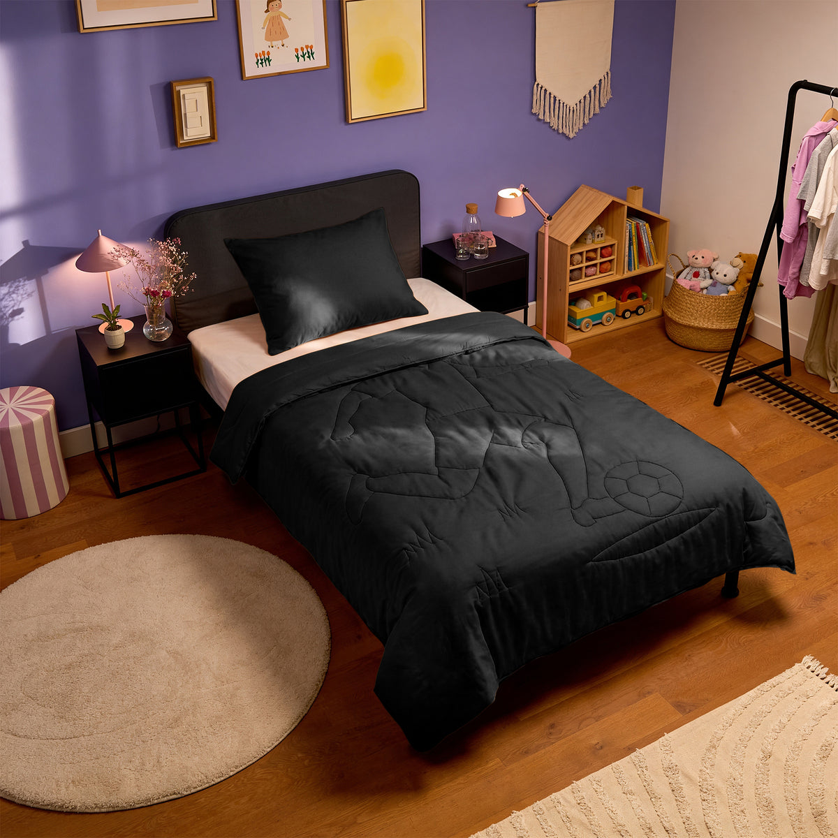 HappyBed Couette toutes saisons lavable en machine pour enfants | WM-Keeper | Noir | Taie d’oreiller 60x70 cm incluse