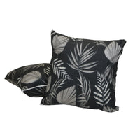 Two black HappyBed decorative pillow covers with gray leaf patterns and practical zipper closures