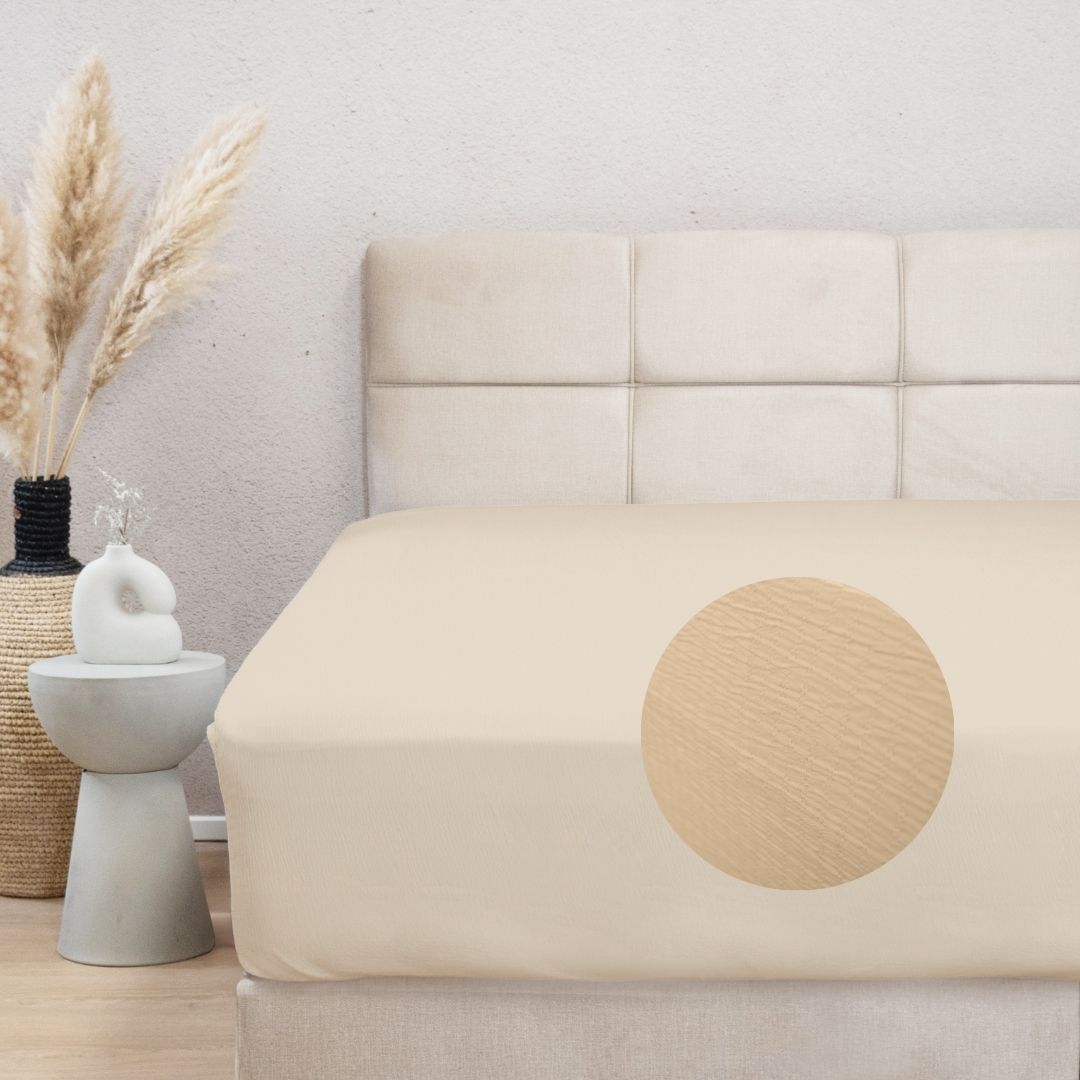 HappyBed Mousseline hoeslaken in zandkleur, zacht, ademend en elastisch voor perfecte pasvorm op matras tot 30 cm hoog