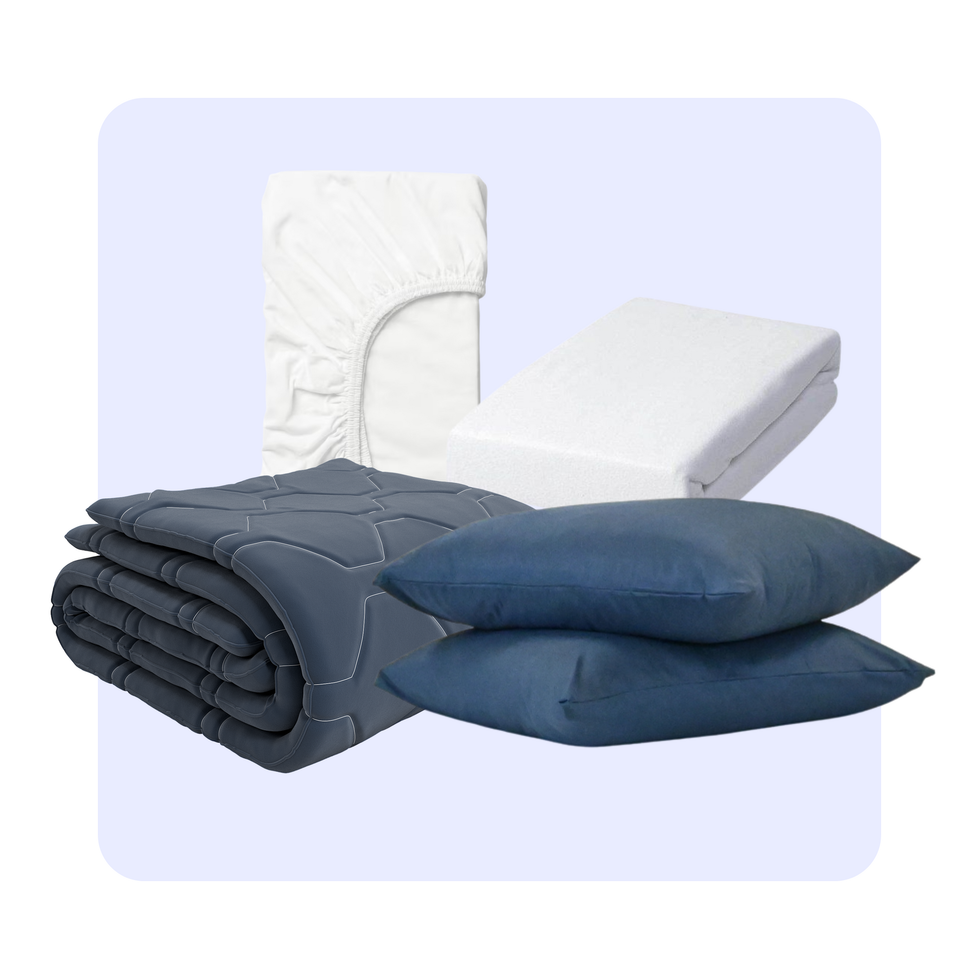 HappyBed Bundel dark blue bedding set with duvet, pillowcases, fitted sheet, and mattress protector for year-round comfort