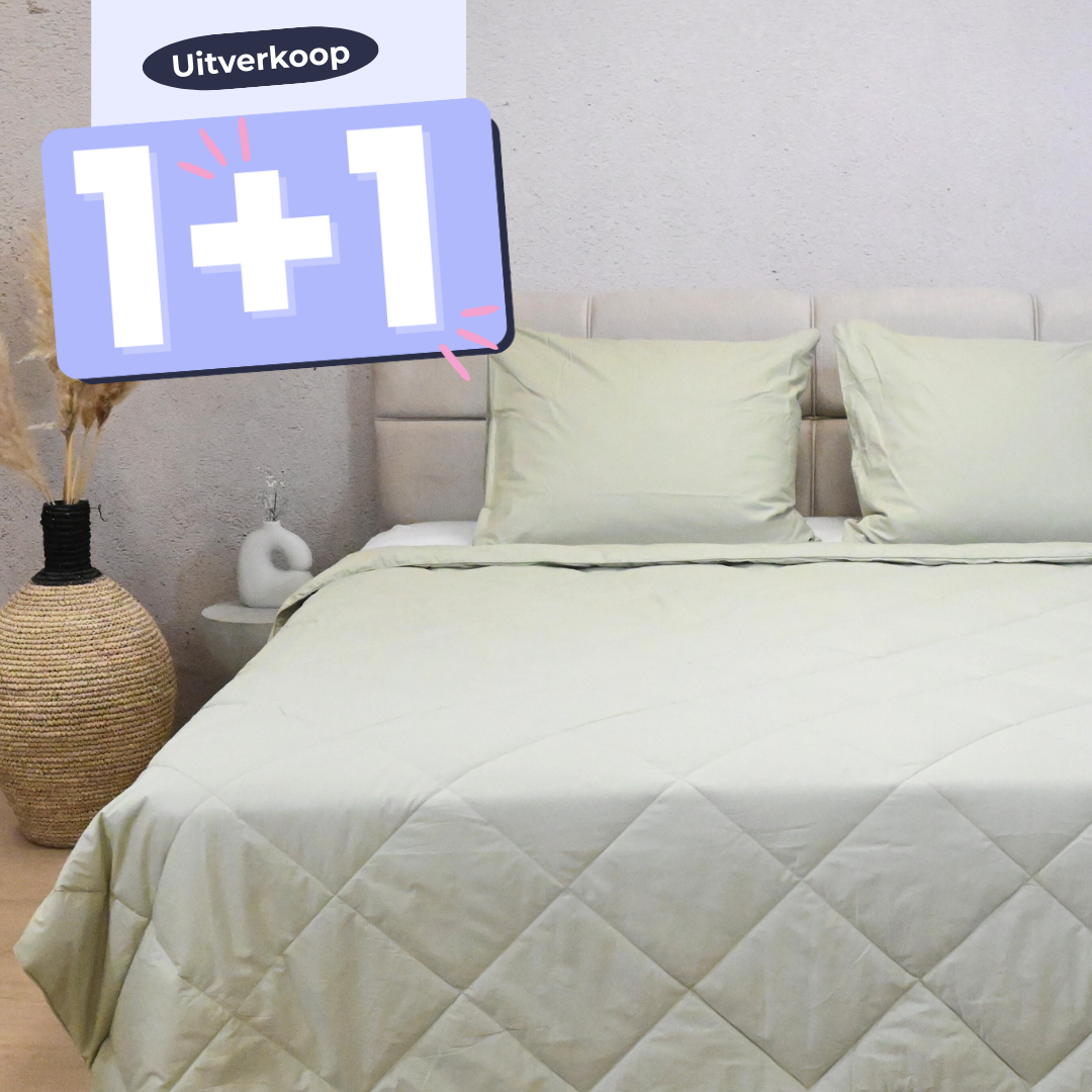 HappyBed Percal zomerdekbed in saliegroen, licht en ademend percal katoen, ideaal voor warme zomernachten, uitverkoop 1+1 aanbieding