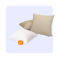 HappyBed sierkussens set with 2 taupe decorative cushions and 2 white cushion covers made of soft microfiber, featuring zipper closure for a luxurious bedroom look.